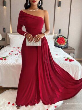 SHEIN Amarilo Solid Color Asymmetric Neckline Elegant Ruffle Long Sleeve Dress
